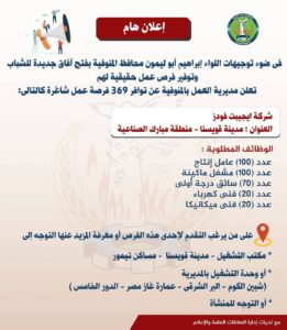 مديرية العمل بمحافظة  المنوفية تعلن عن توافر 369 فرصة عمل جديدة