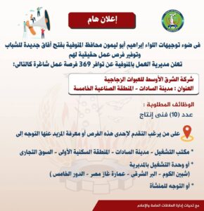 مديرية العمل بمحافظة  المنوفية تعلن عن توافر 369 فرصة عمل جديدة