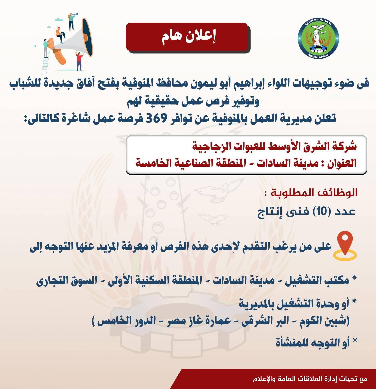 مديرية العمل بمحافظة  المنوفية تعلن عن توافر 369 فرصة عمل جديدة