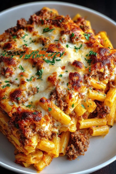مطبخ الكنانة مكرونة فرن باللحمة المفرومة والموزاريلا 