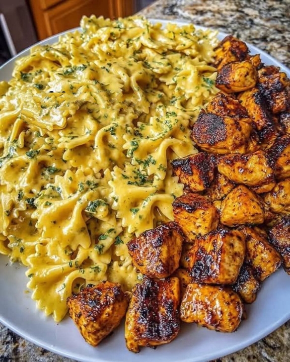 مطبخ الكنانة دجاج مشوية مع مكرونة فارفالي بصوص الجبنه بالاعشاب