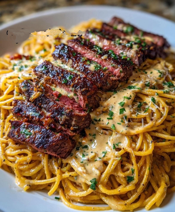 مطبخ الكنانة اسباكيتي بالجبنة والثوم مع شرائح لحم مشوية 