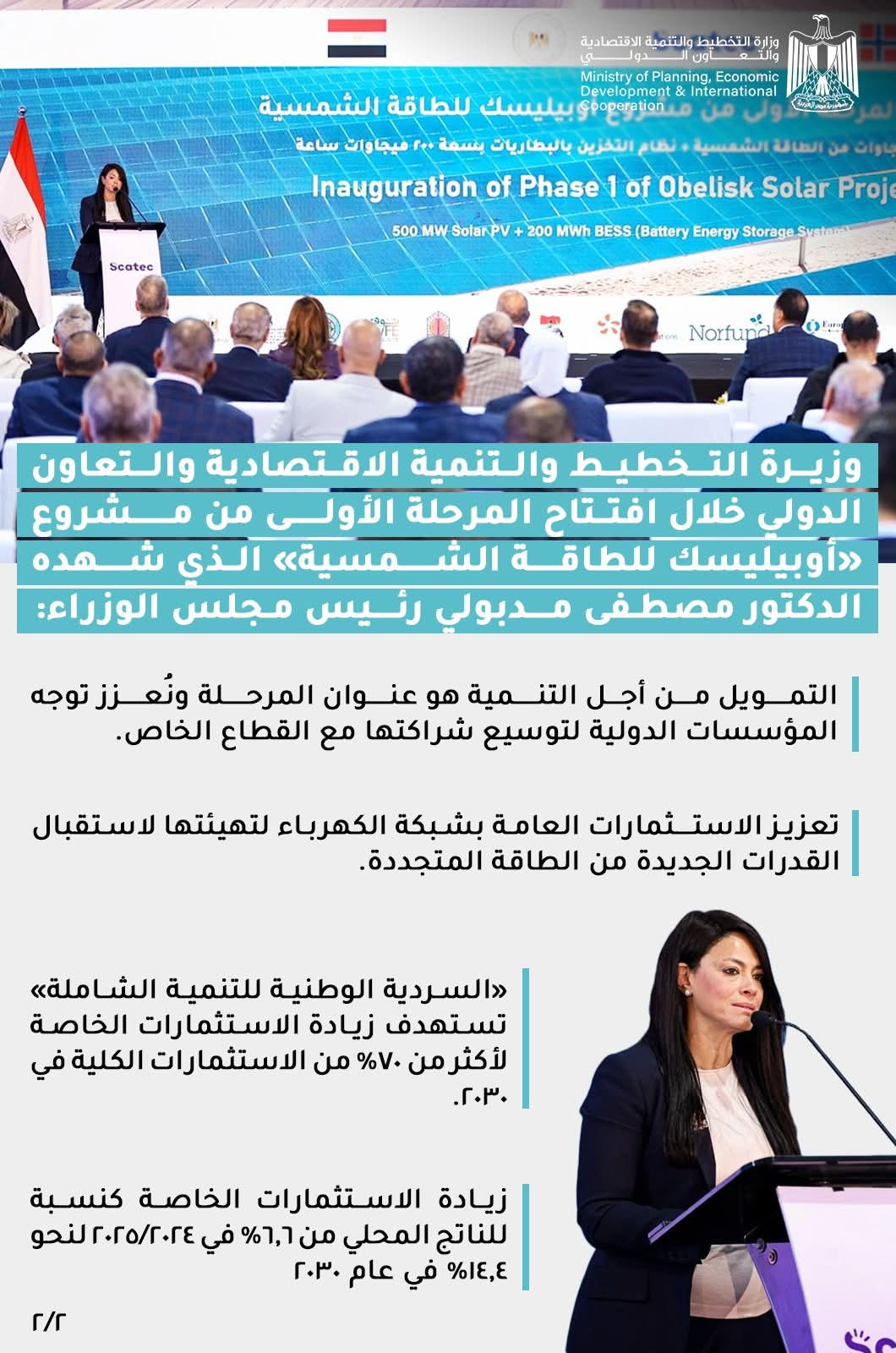 إنفوجرافيك وزيرة التخطيط والتنمية الاقتصادية والتعاون الدولي خلال افتتاح المرحلة الأولى من مشروع أوبيليسك للطاقة الشمسية