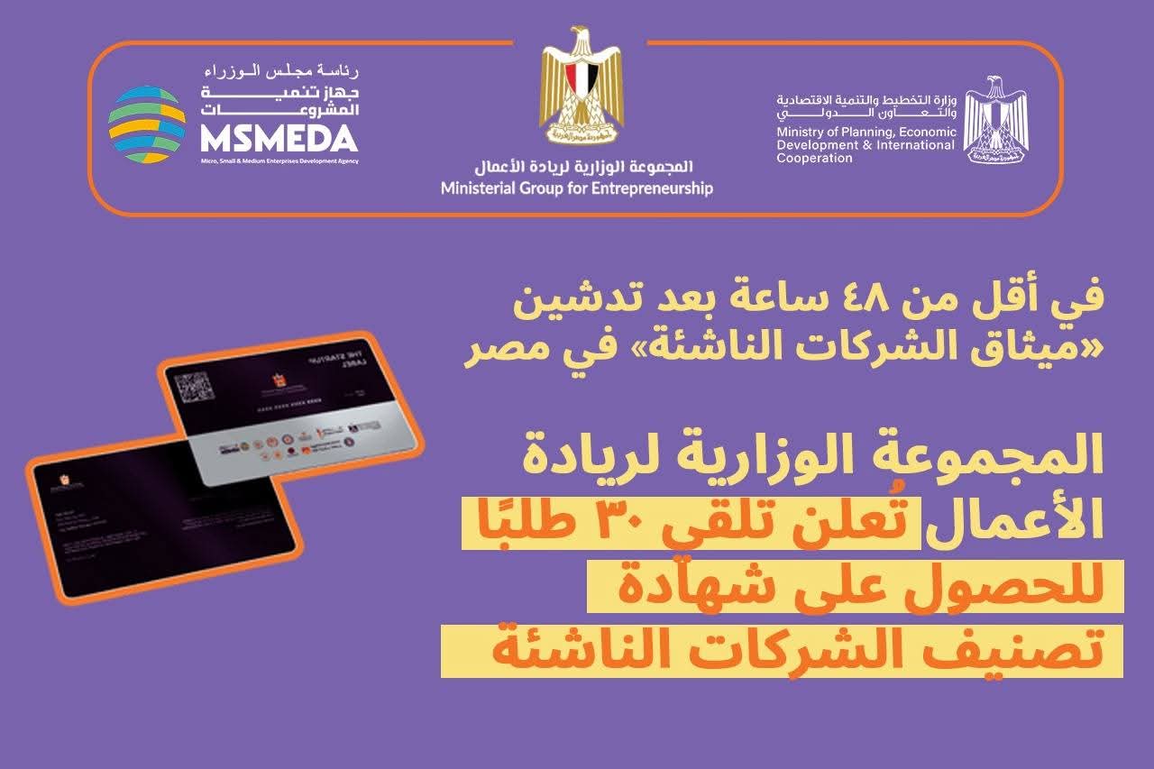 المجموعة الوزارية لريادة الأعمال تُعلن تلقي 30 طلباً للحصول على شهادة تصنيف الشركات الناشئة