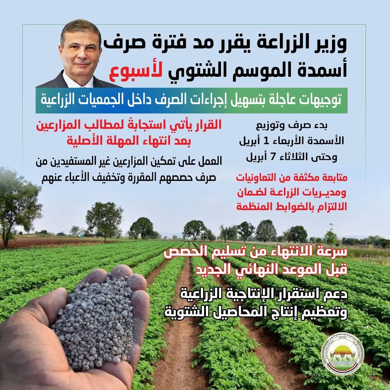 وزير الزراعة يقرر مد فترة صرف أسمدة الموسم الشتوي لمدة أسبوع ينتهي في 7 أبريل المقبل