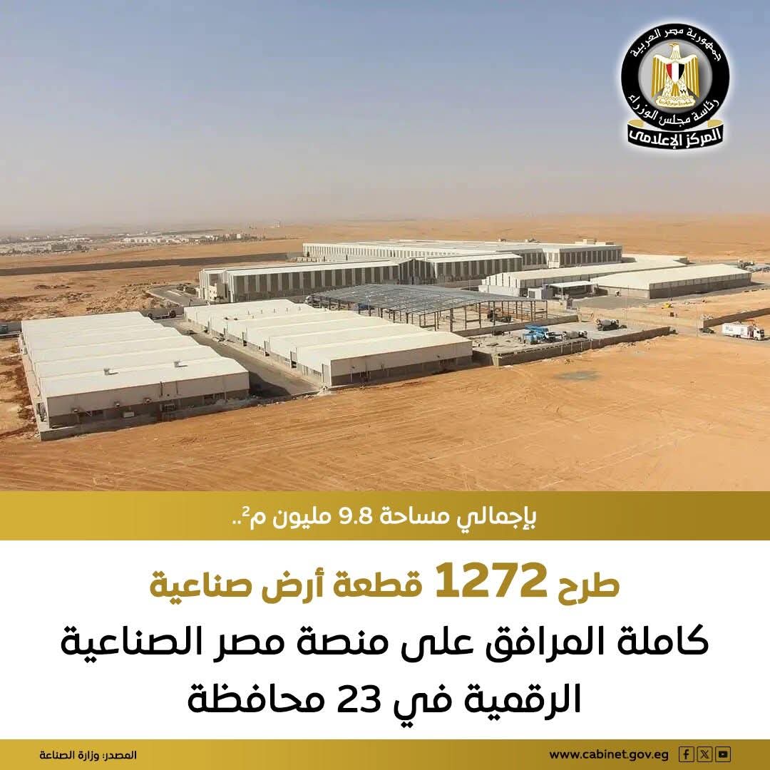 بإجمالي مساحة 9.8 مليون م٢... طرح 1272 قطعة أرض صناعية كاملة المرافق على منصة مصر الصناعية الرقمية في 23 محافظة