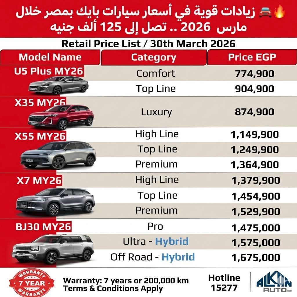  زيادات قوية في أسعار سيارات بايك بمصر خلال مارس 2026 تصل إلى 125 ألف جنيه