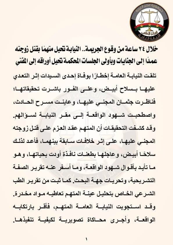 خلال ٢٤ ساعة من وقوع الجريمة .. النيابة تحيل متهما بقتل زوجته عمدا إلى الجنايات وبأولى الجلسات المحكمة تحيل أوراقه إلى المفتي