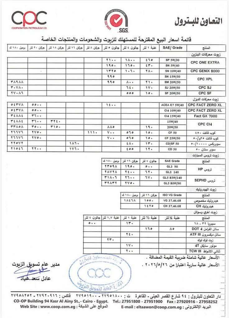 التعاون للبترول (حكومة) تقرر رفع أسعار زيوت السيارات من وقفة عيد الأضحى 26 مايو 2026